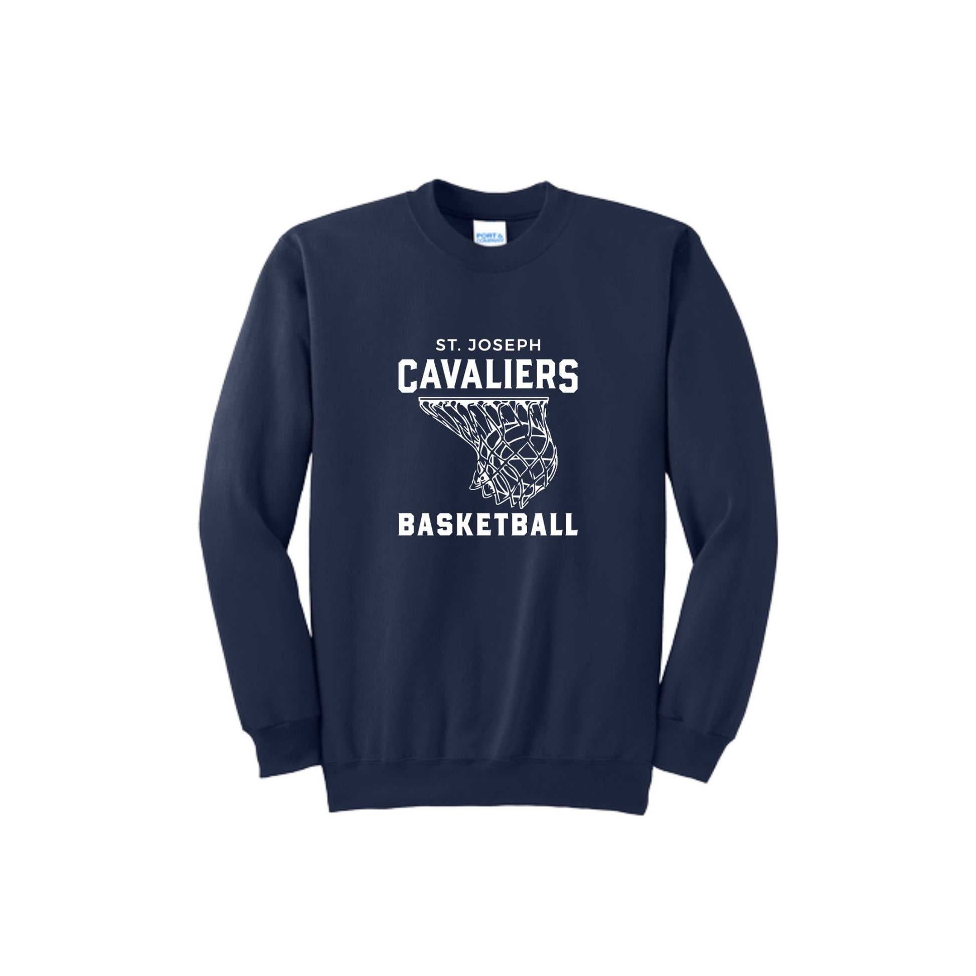navy sweatshirt with 'St. Joseph Cavaliers Basketball' and basketball going into net design printed on the front in white ink 