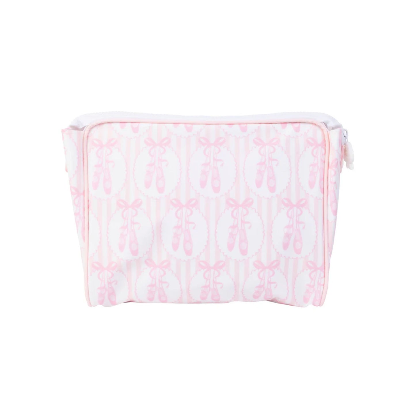 Large Pink ballet slipper and striped pattern pouch on a white background