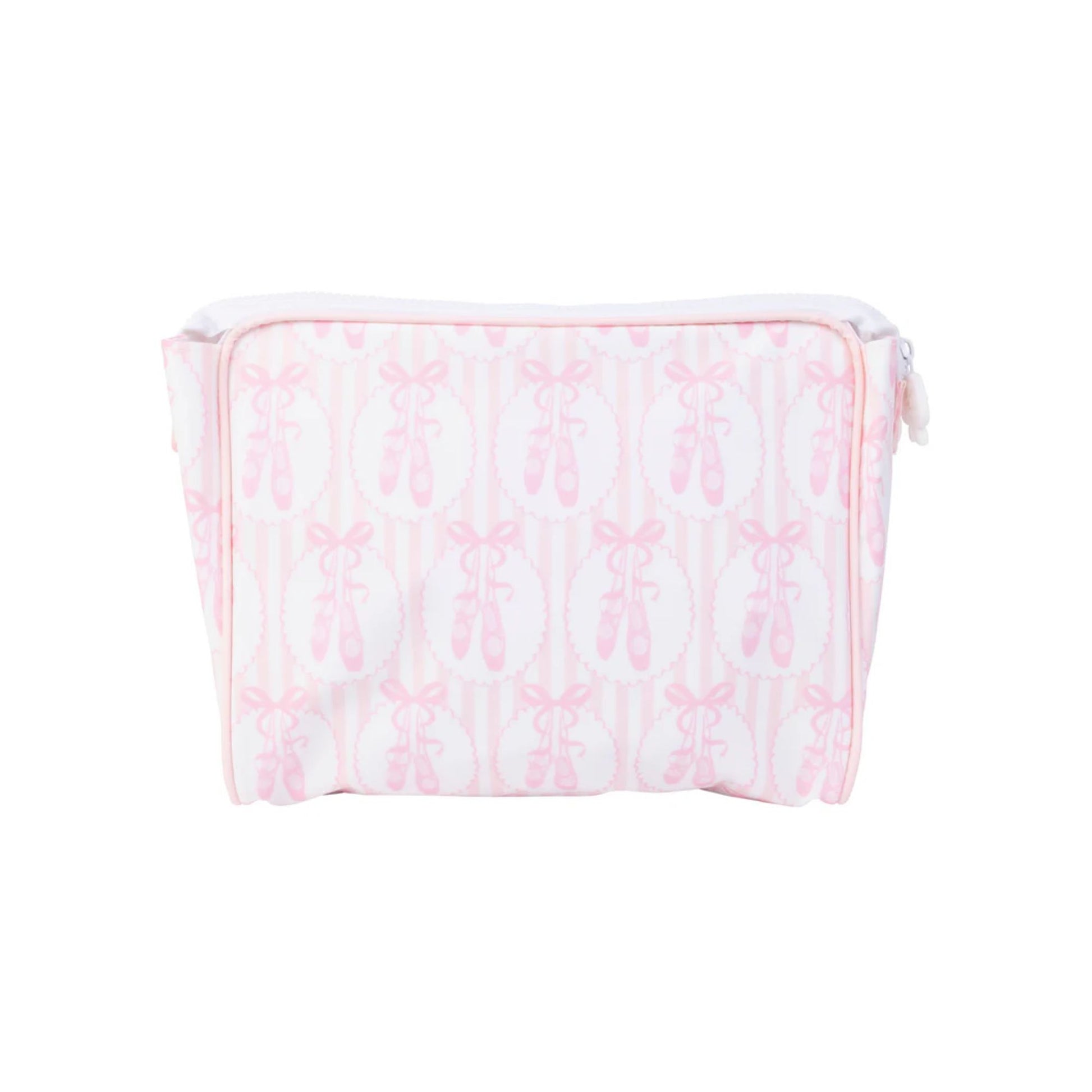 Large Pink ballet slipper and striped pattern pouch on a white background