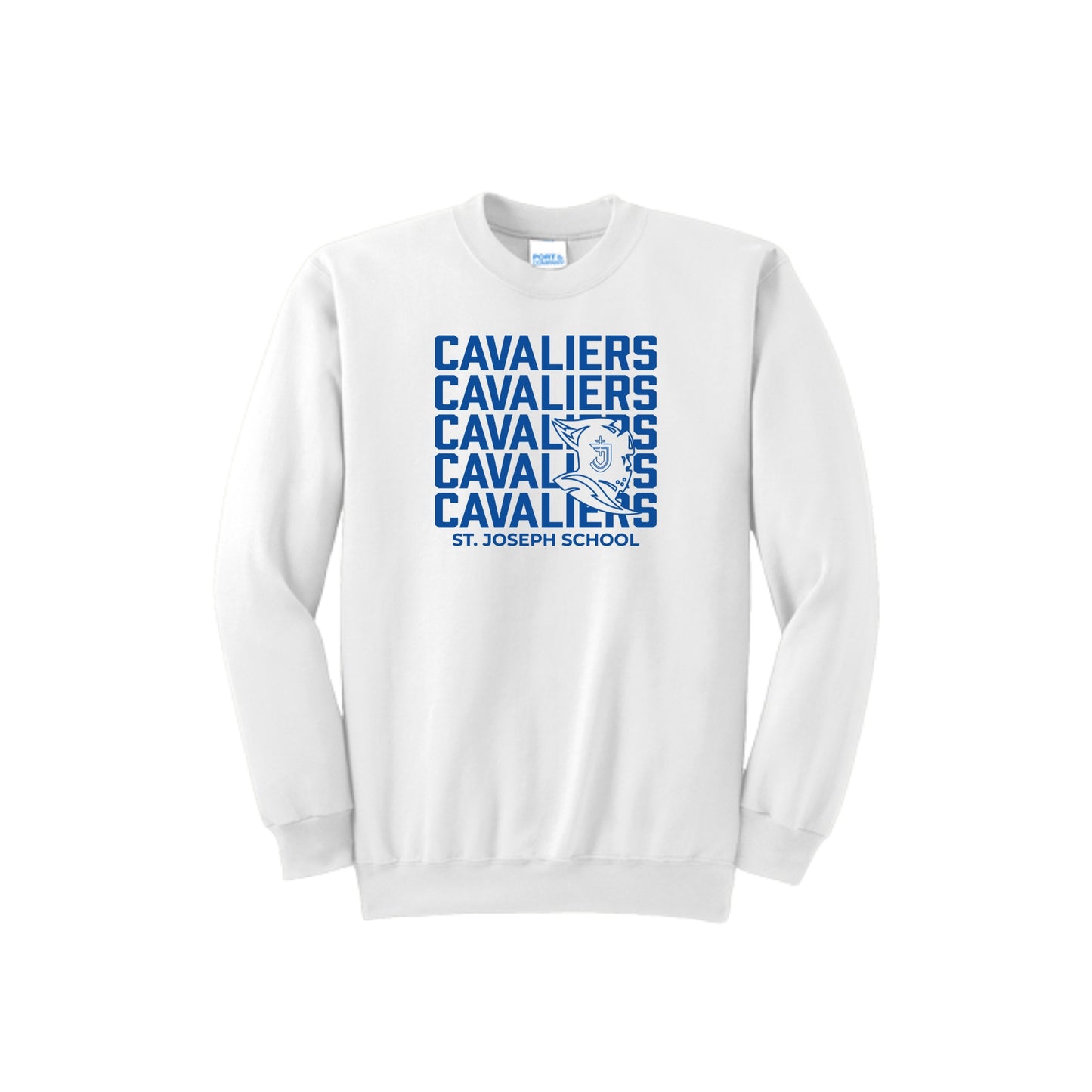 White sweatshirt with blue 'Cavaliers' text and logo on a white background