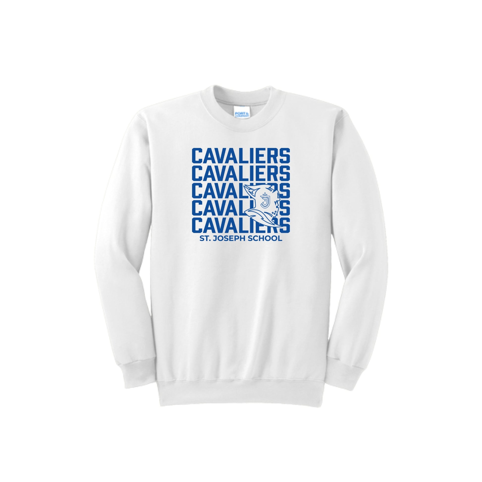 White sweatshirt with blue 'Cavaliers' text and logo on a white background