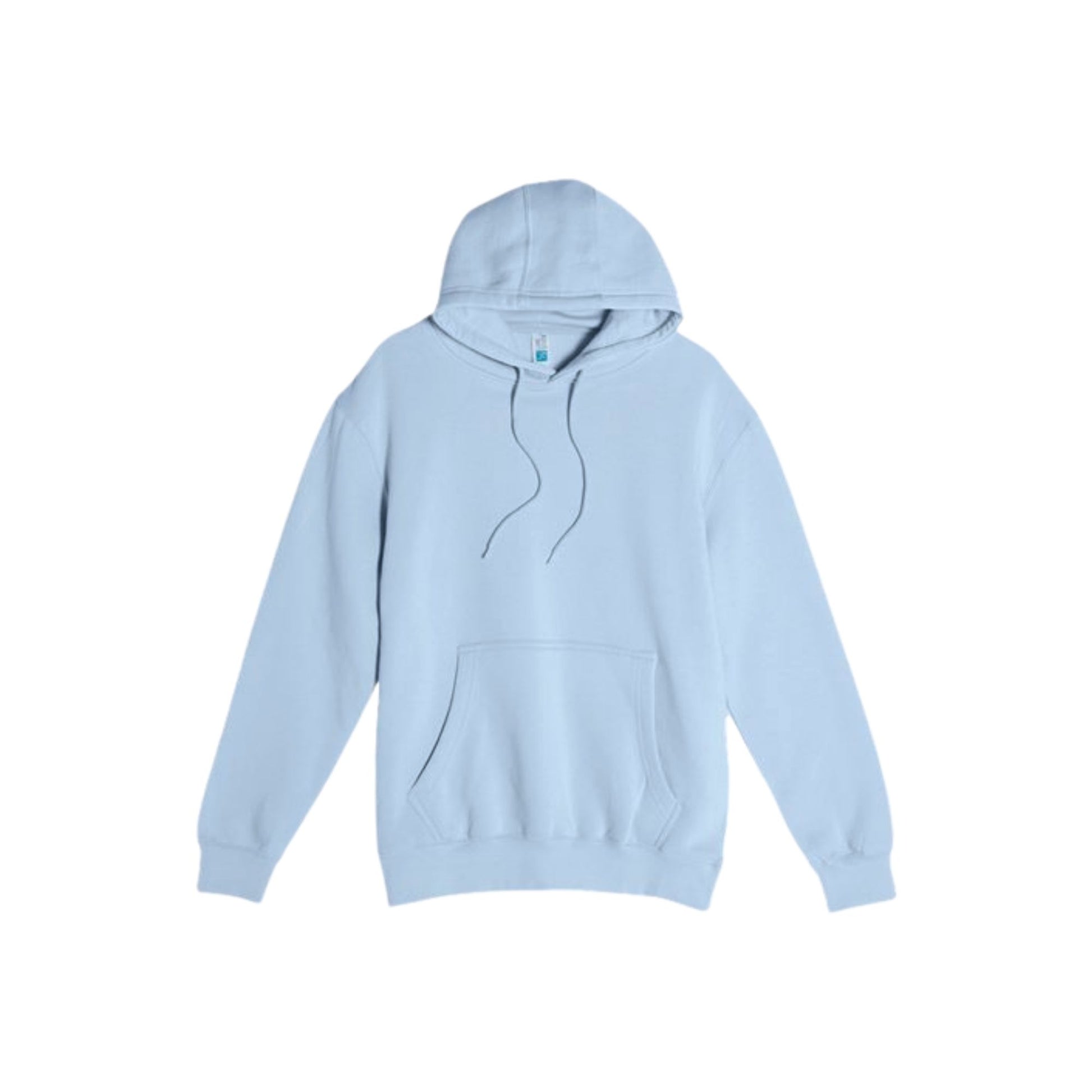 A light blue pullover hoodie with a kangaroo pocket and drawstrings, displayed flat against a solid white background.