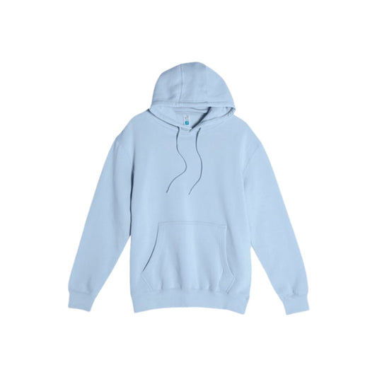 A light blue pullover hoodie with a kangaroo pocket and drawstrings, displayed flat against a solid white background.