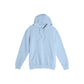 A light blue pullover hoodie with a kangaroo pocket and drawstrings, displayed flat against a solid white background.