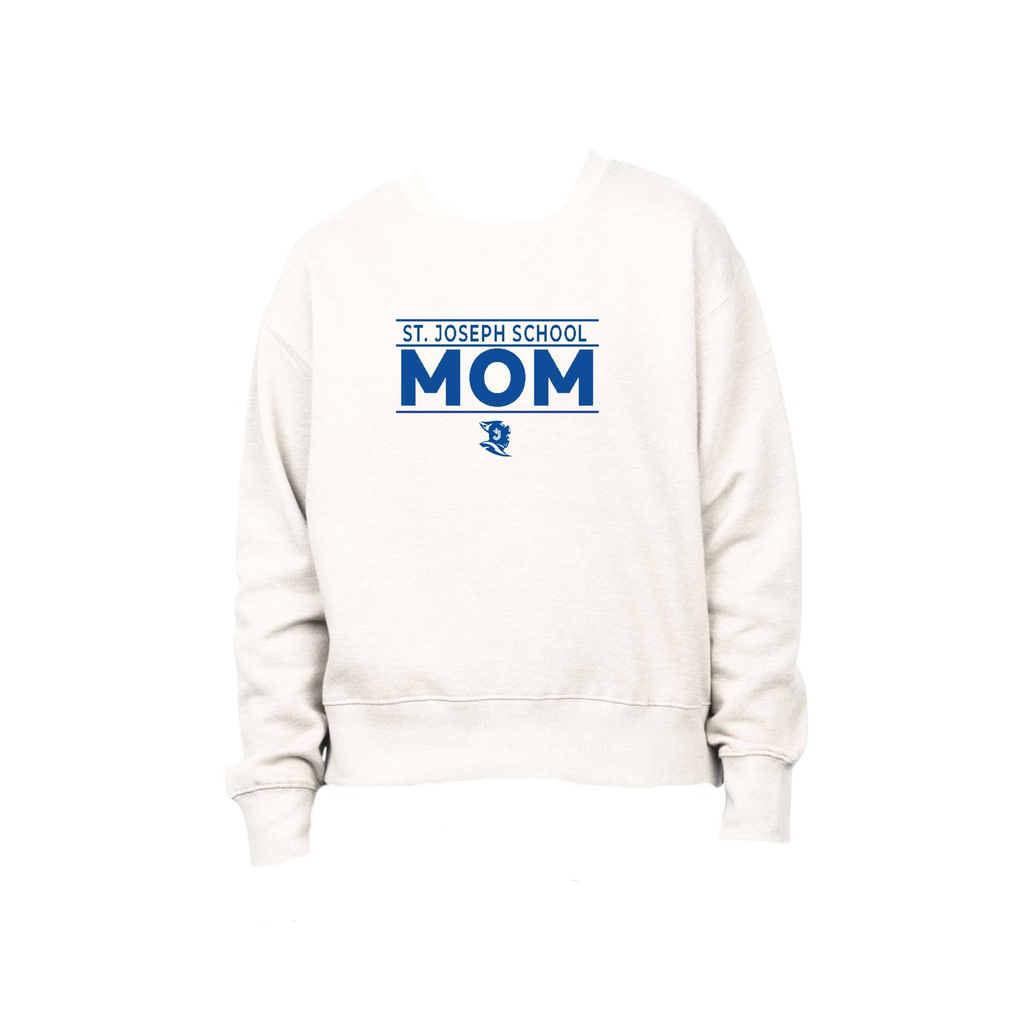 White sweatshirt with 'St. Joseph School Mom' text on a white background