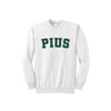 White sweatshirt with 'PIUS' text on a white background