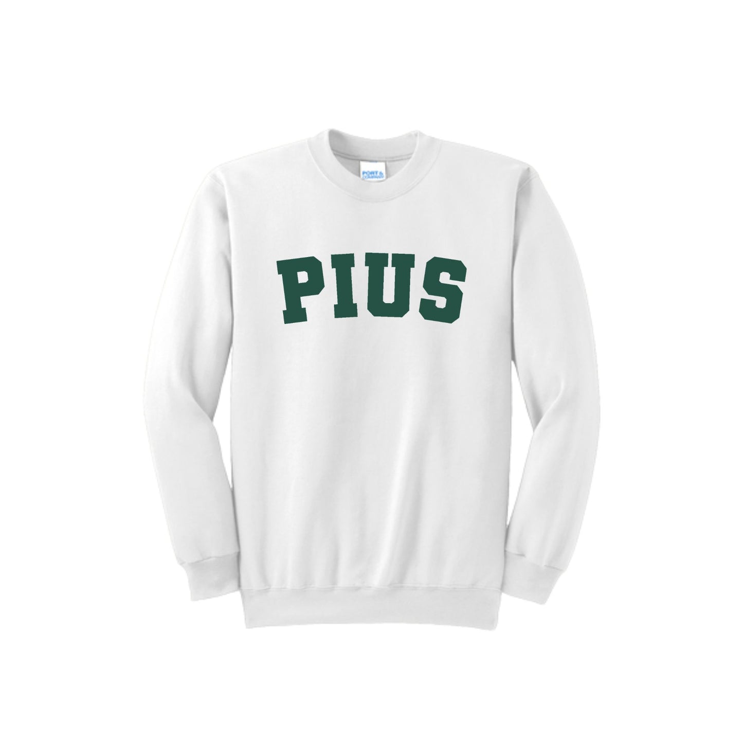 White sweatshirt with 'PIUS' text on a white background