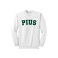 White sweatshirt with 'PIUS' text on a white background