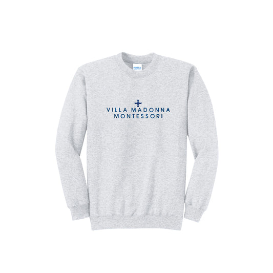 A light heather gray crewneck sweatshirt featuring the text 'VILLA MADONNA MONTESSORI' and a small blue cross printed on the chest, displayed on a clean white background.
