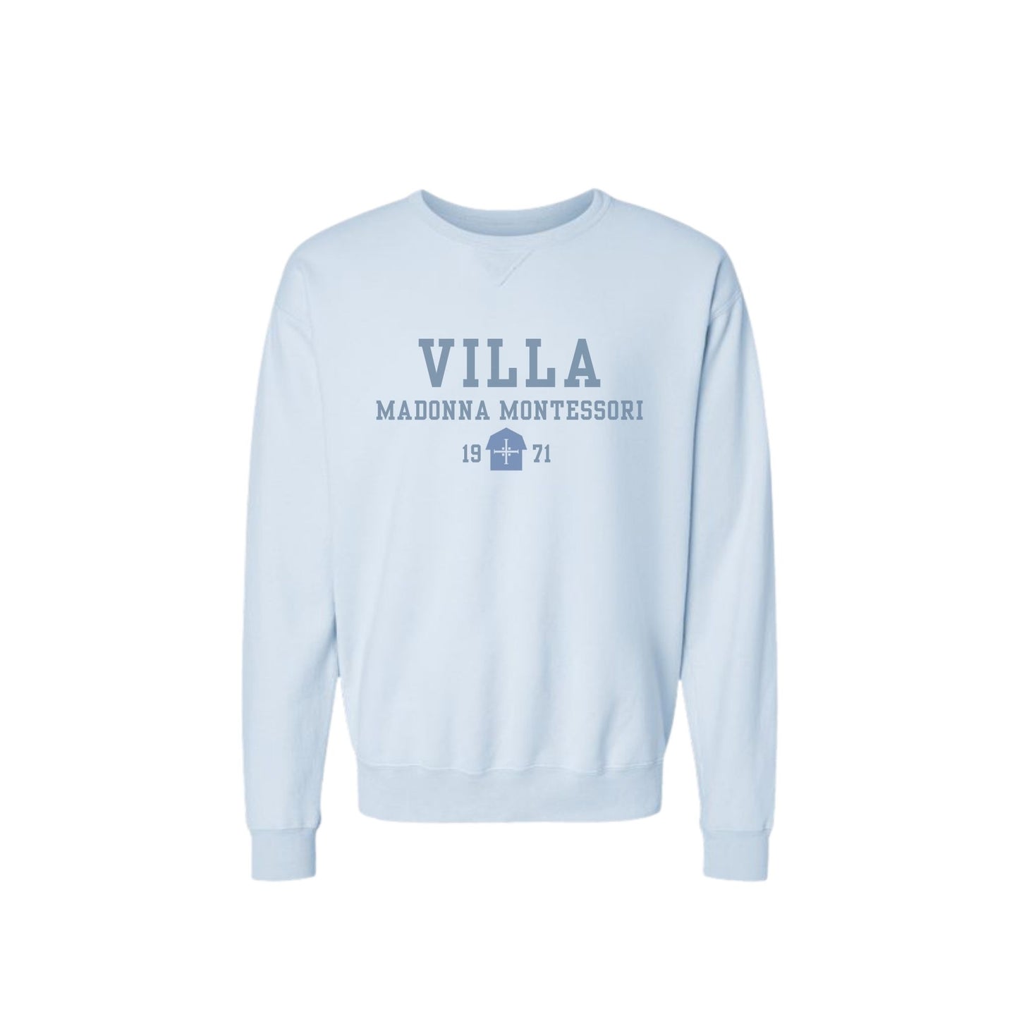 Light blue sweatshirt with 'Villa Madonna Montessori' text on a white background