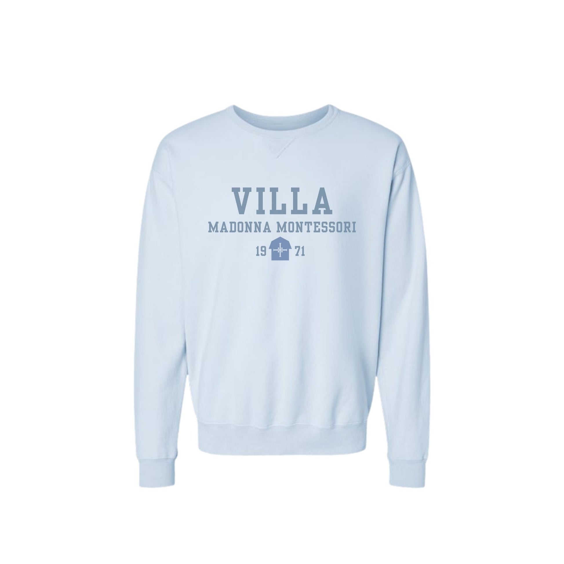 Light blue sweatshirt with 'Villa Madonna Montessori' text on a white background