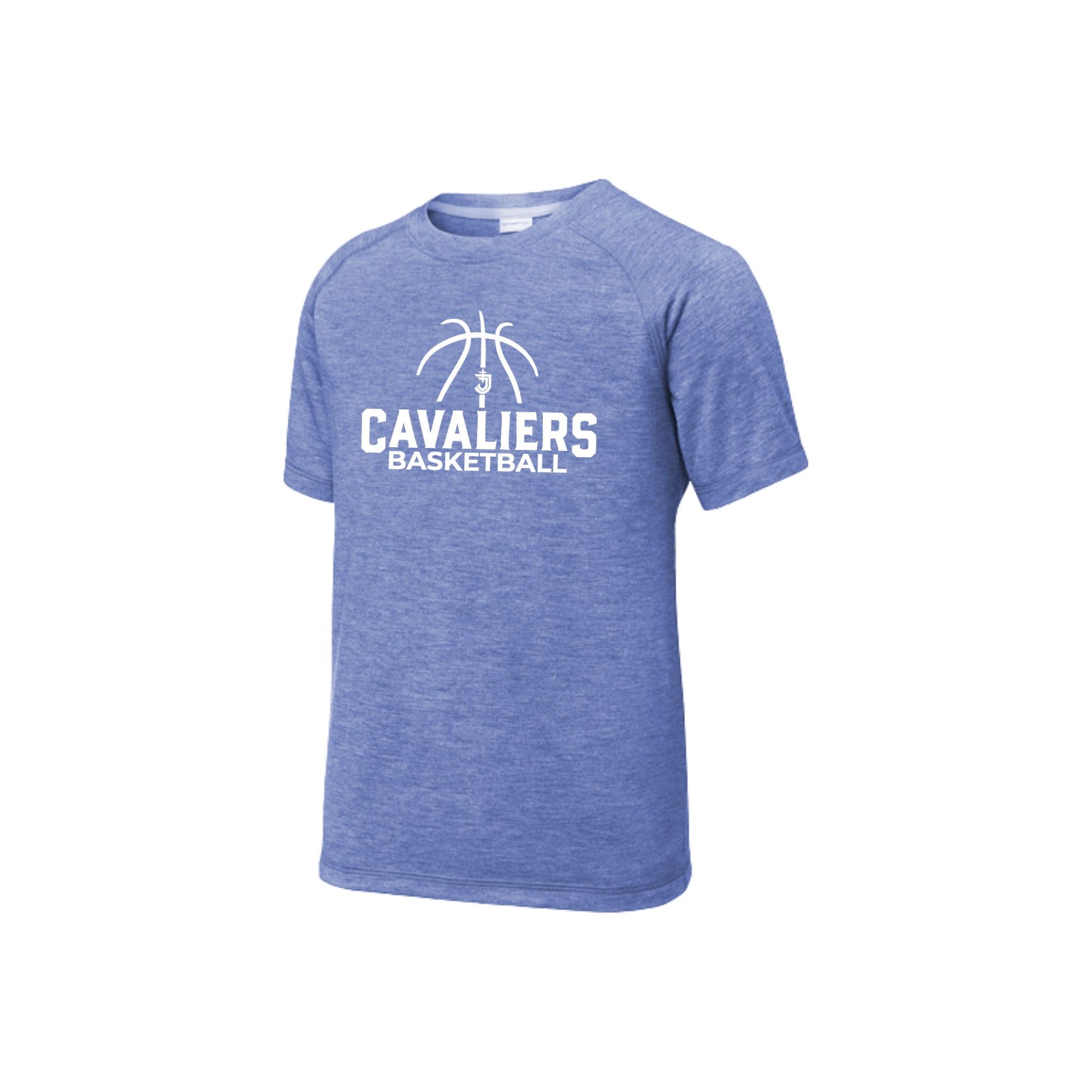 Blue t-shirt with 'Cavaliers Basketball' logo on a white background
