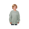 little boy wearing a greenstone youth sweatshirt with PANTHERS embroidered in an outlined varsity font and white thread on the center chest and a mini paw print on the left cuff