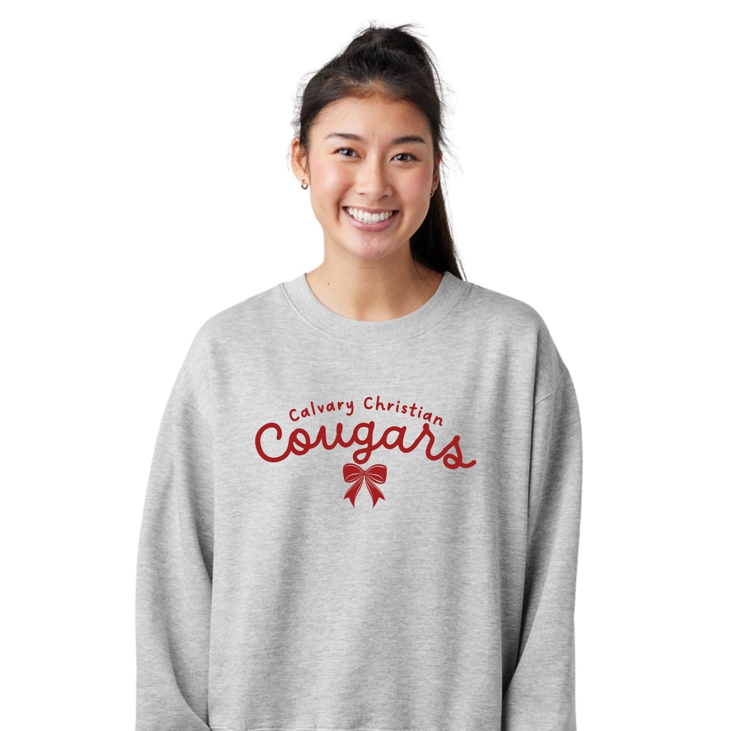 Printed Calvary Christian Cougars Bow Ladies Boxy Crew  | CCSDTF29