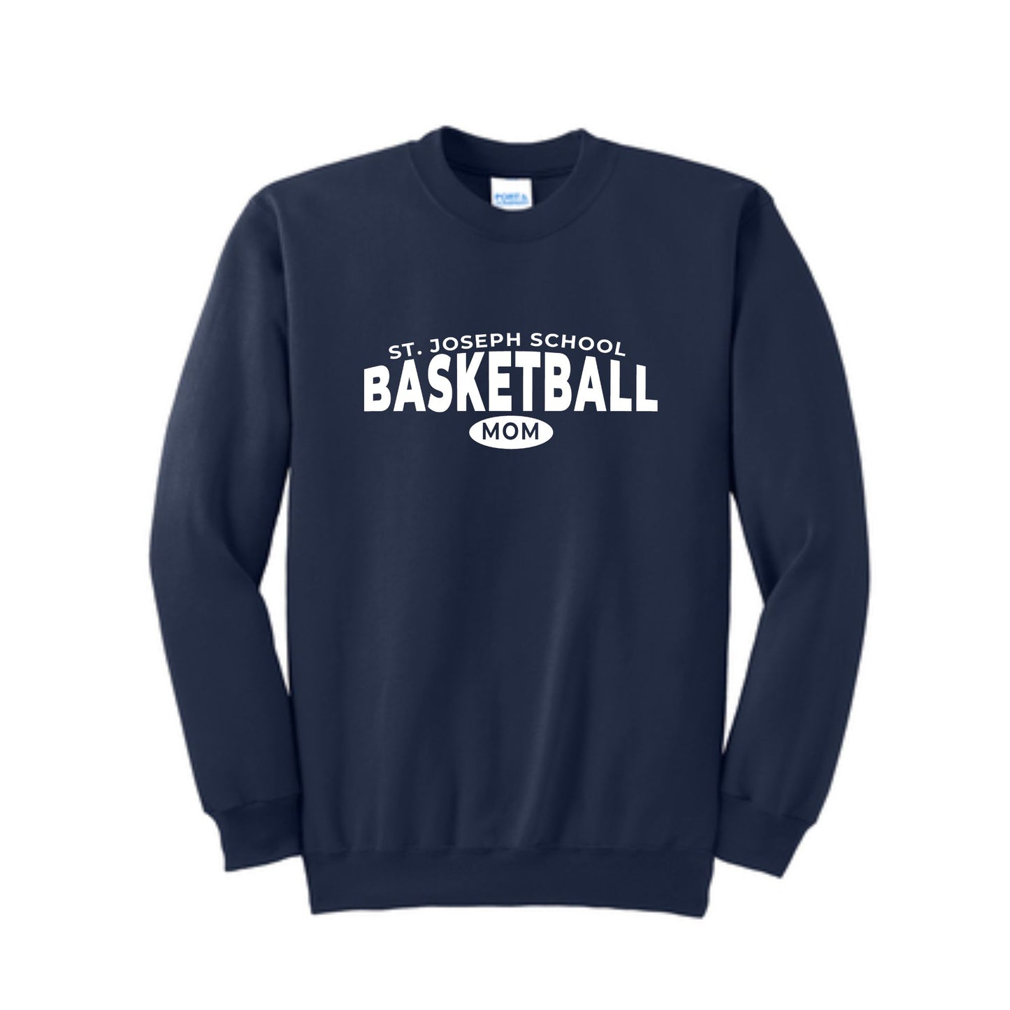 navy crewneck sweatshirt with a white st. joseph school basketball mom print