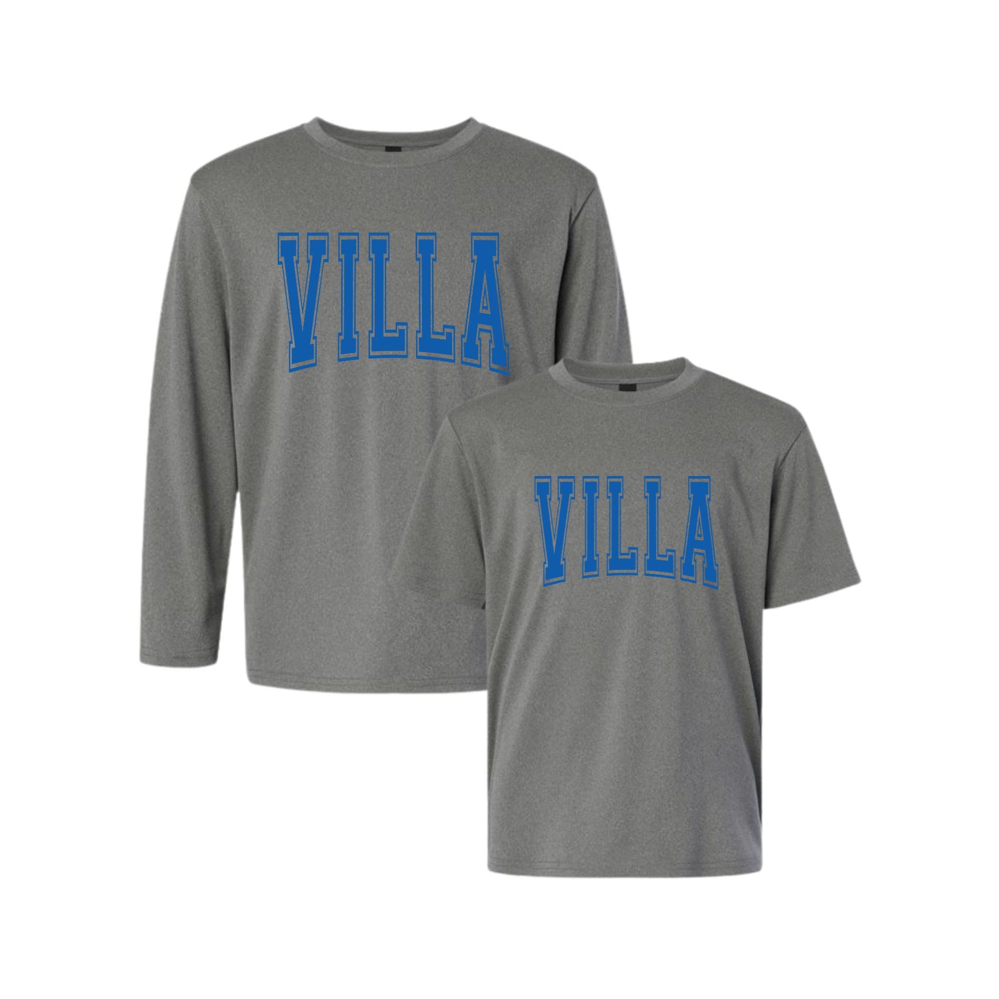 Gray t-shirt and long-sleeve shirt with 'VILLA' printed in blue on a white background