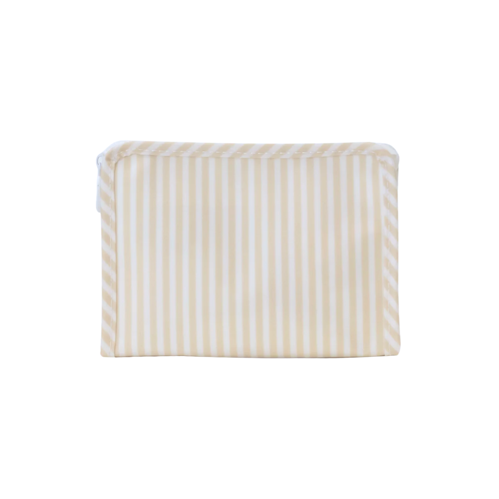 Rectangular pillow with beige and white striped pattern on a white background