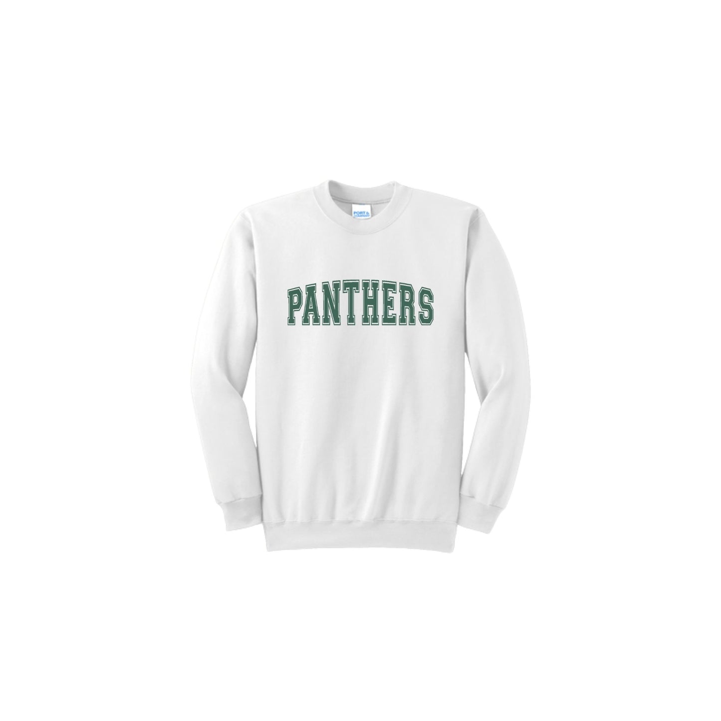 White sweatshirt with 'PANTHERS' text on a white background