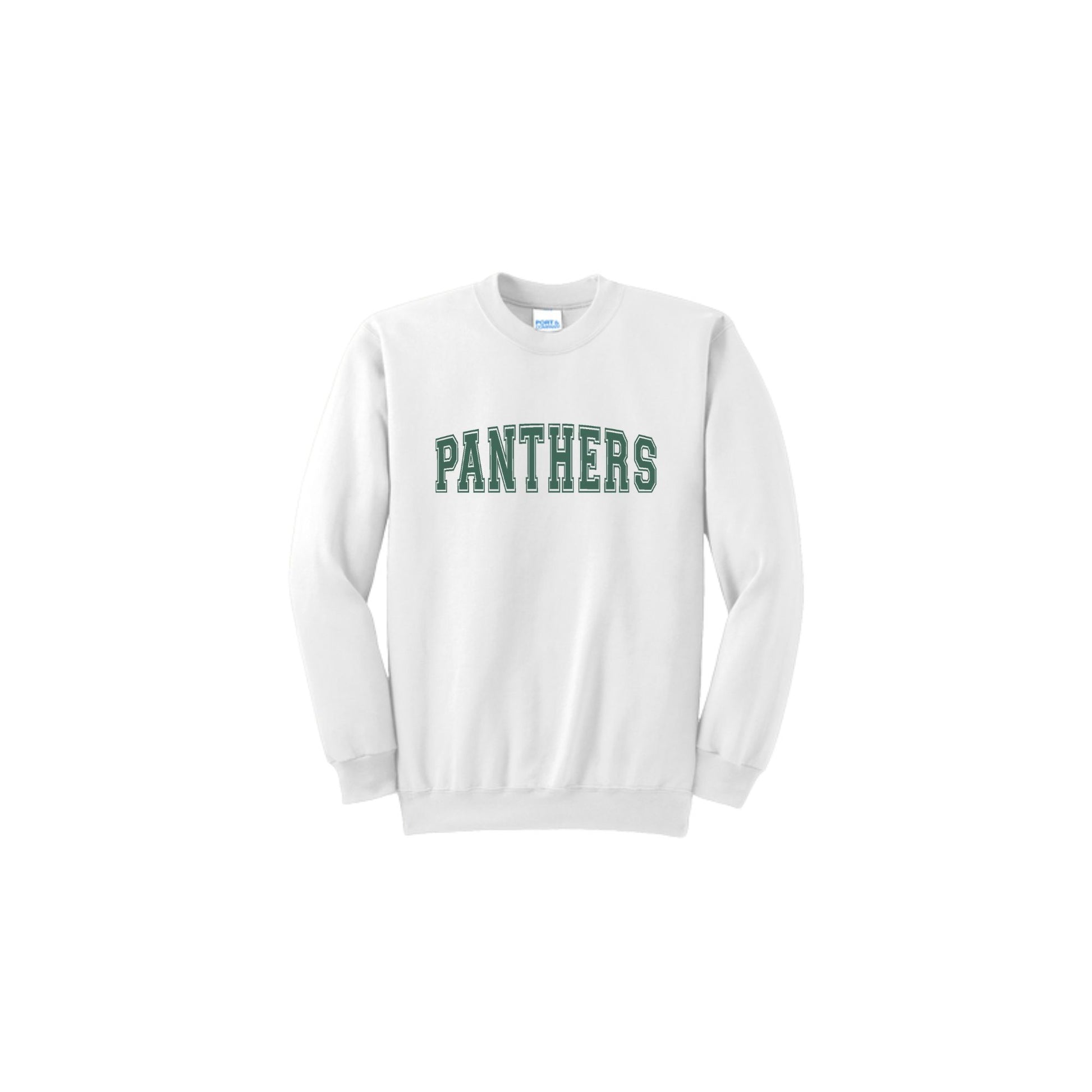 White sweatshirt with 'PANTHERS' text on a white background