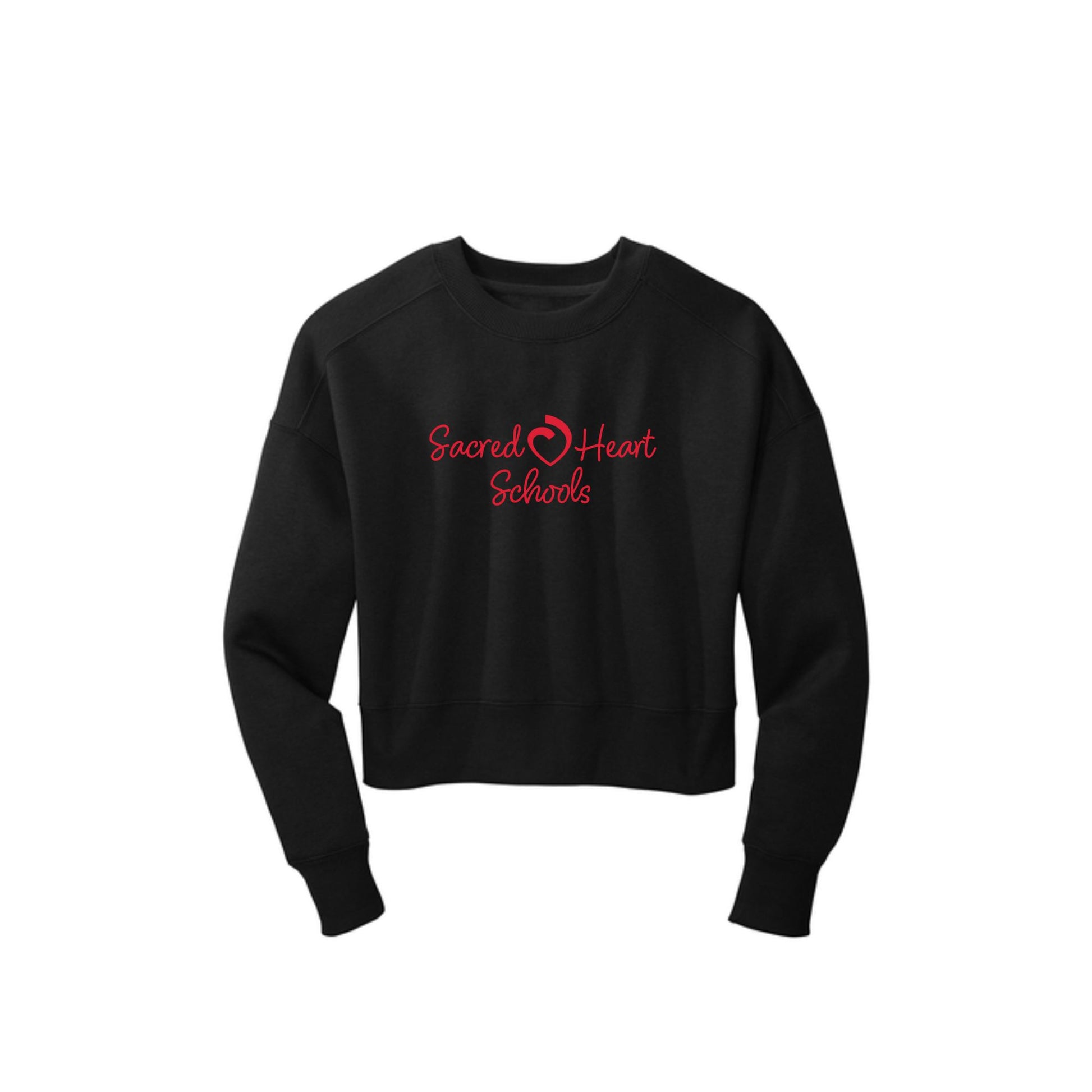 black women's cropped crewneck sweatshirt with custom sacred heart schools print on the front chest