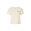 Beige t-shirt with text and logo on a white background