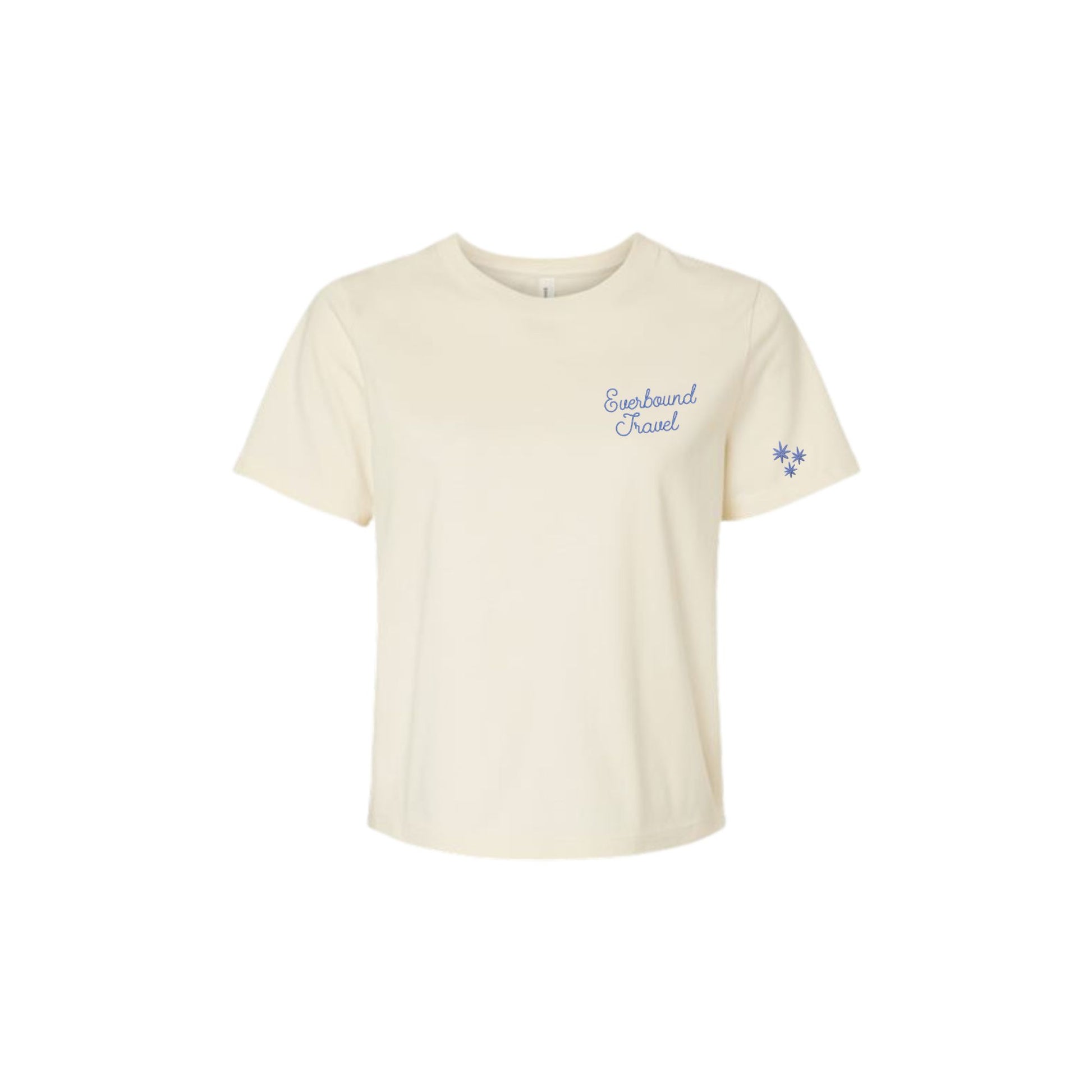 Beige t-shirt with text and logo on a white background