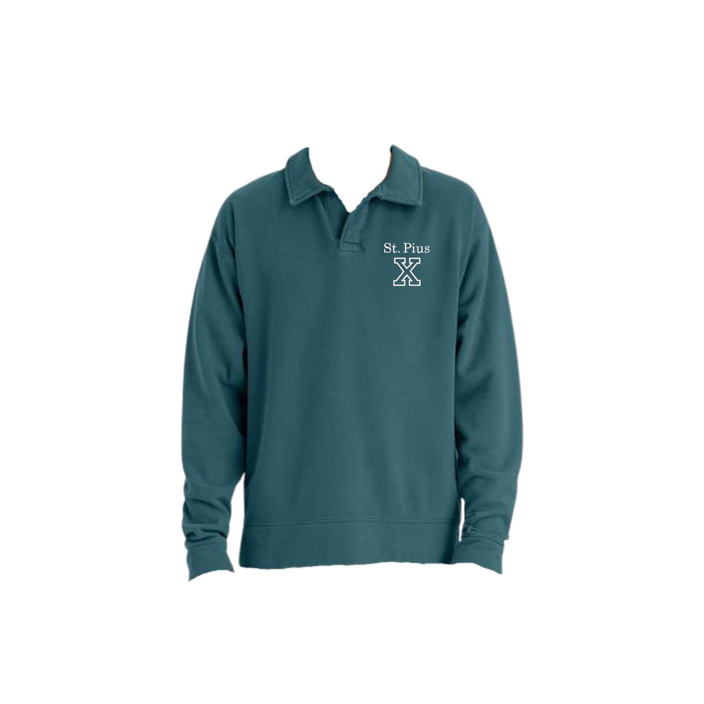 Cactus long-sleeve polo shirt with embroidered 'St. Pius X' logo on the left chest in white thread