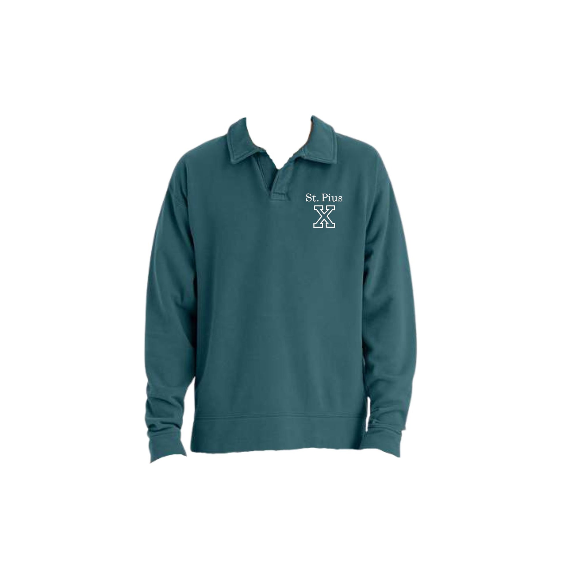 Cactus long-sleeve polo shirt with embroidered 'St. Pius X' logo on the left chest in white thread