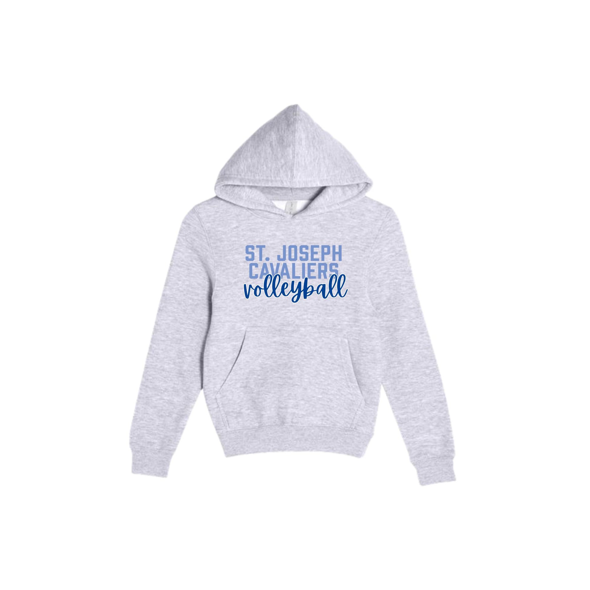 heather grey hoodie with 'St. Joseph Cavaliers volleyball' printed design on the center chest