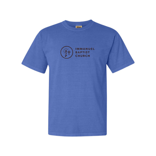 flo blue tee with immanuel baptist church embroidered logo