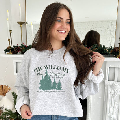 Girl wearing an ash crewneck sweatshirt with a custom christmas print featuring a family name, vacation location, year, trees, and a "The most wonderful time of the year!" quote in green ink