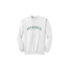White sweatshirt with embroidered 'ST PIUS X' varsity font design on the center chest in hunter green thread