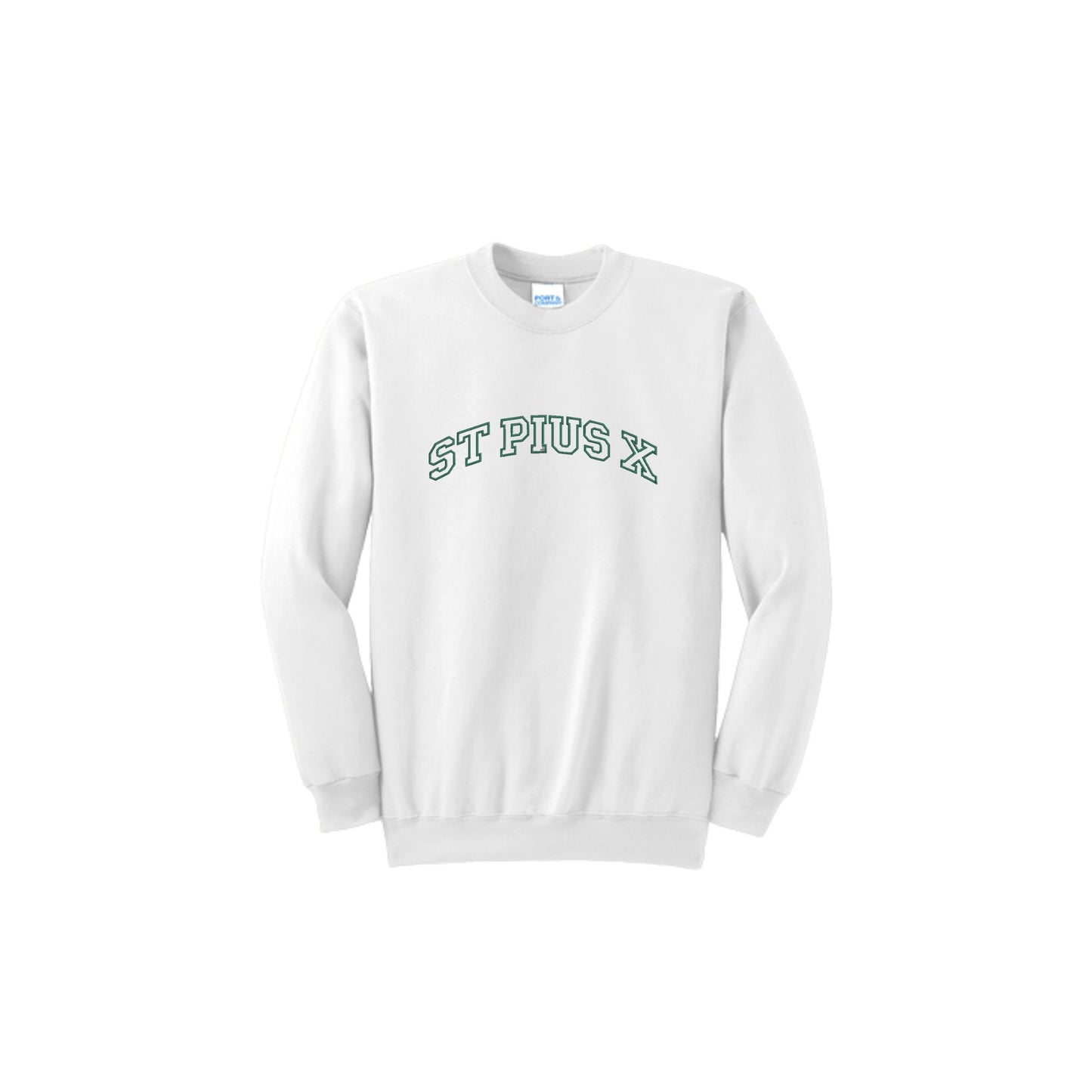 White sweatshirt with embroidered 'ST PIUS X' varsity font design on the center chest in hunter green thread