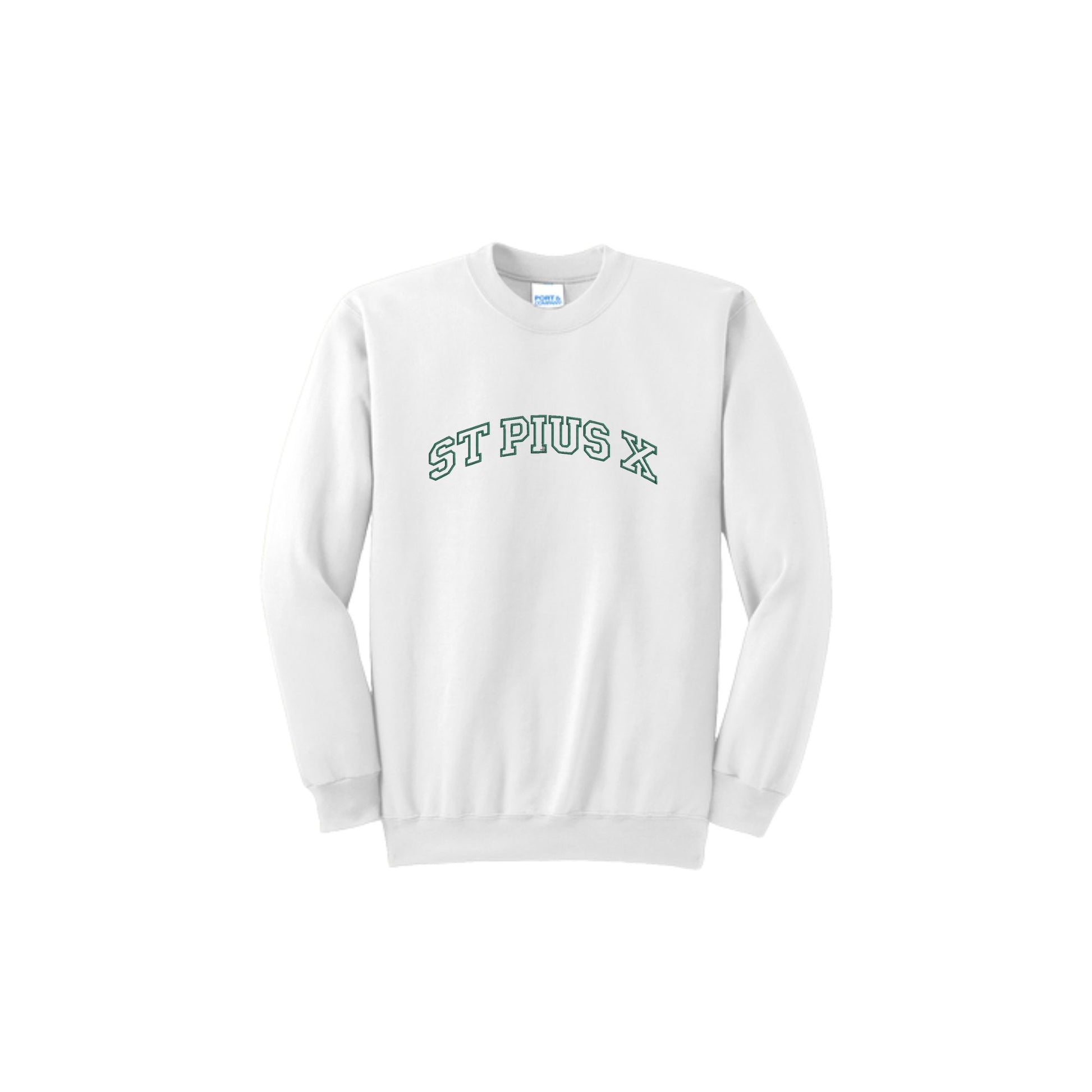 White sweatshirt with embroidered 'ST PIUS X' varsity font design on the center chest in hunter green thread