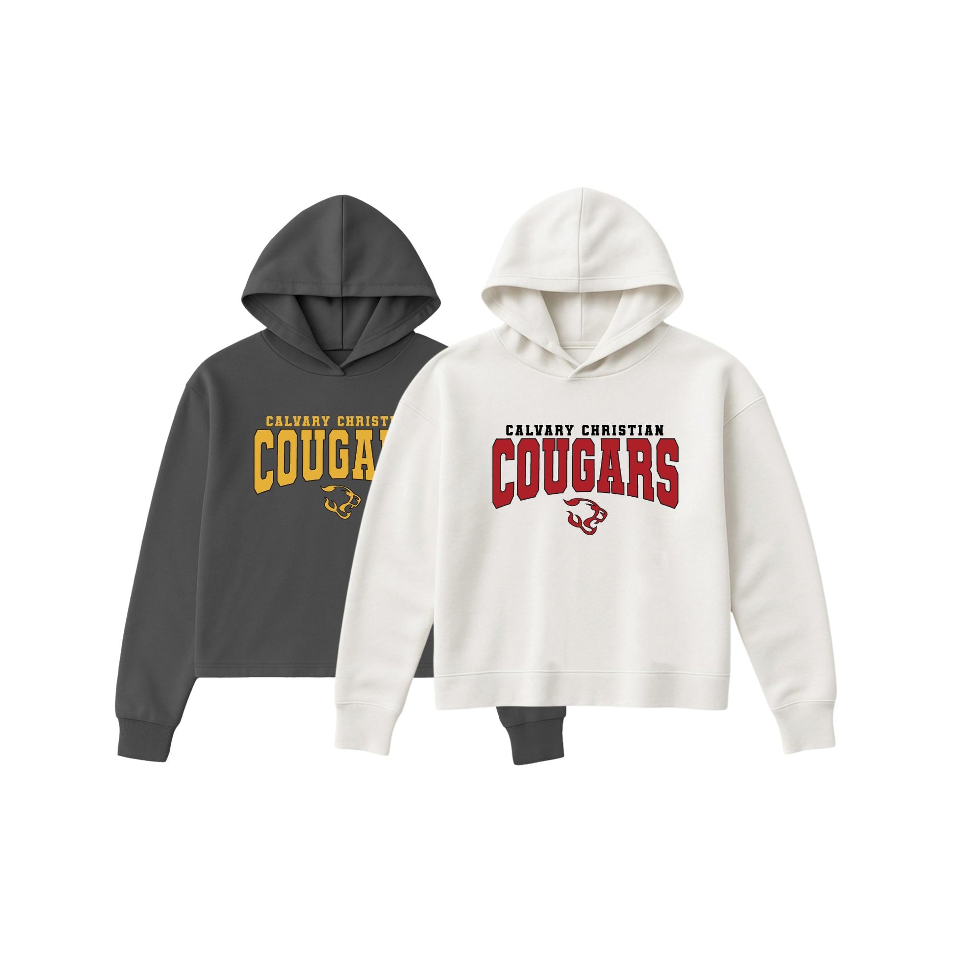 Two cropped hoodies shown on a plain white background: one dark charcoal gray hoodie with yellow and black 'Calvary Christian Cougar' text, and one off-white hoodie with red and black 'Calvary Christian Cougars' text and a small cougar graphic.