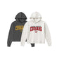 Two cropped hoodies shown on a plain white background: one dark charcoal gray hoodie with yellow and black 'Calvary Christian Cougar' text, and one off-white hoodie with red and black 'Calvary Christian Cougars' text and a small cougar graphic.