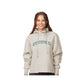 Woman wearing a gray hoodie with 'St. Piux X' text on a white background