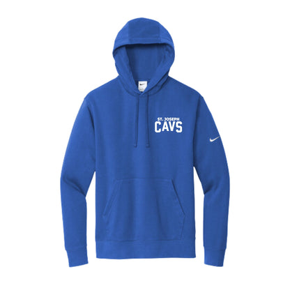 royal blue nike hooded sweatshirt with custom st. joseph cavs print in white on the left chest