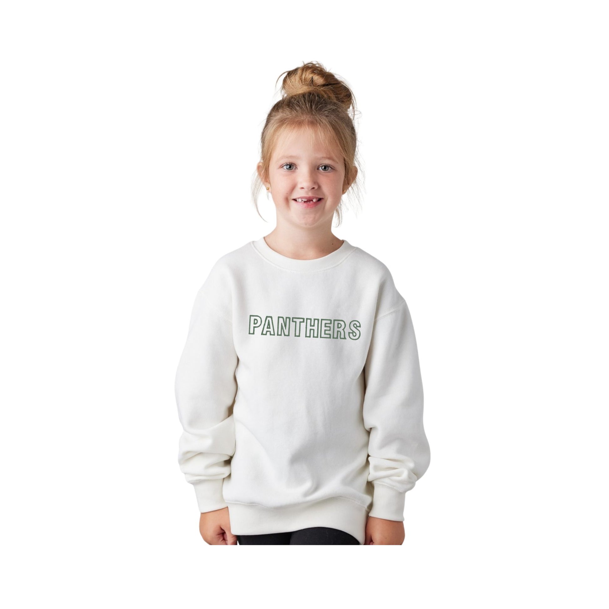 Young girl wearing a white sweatshirt with 'PANTHERS' text on a white background