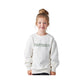 Young girl wearing a white sweatshirt with 'PANTHERS' text on a white background