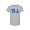 Gray t-shirt with 'VILLA' printed in blue on a white background