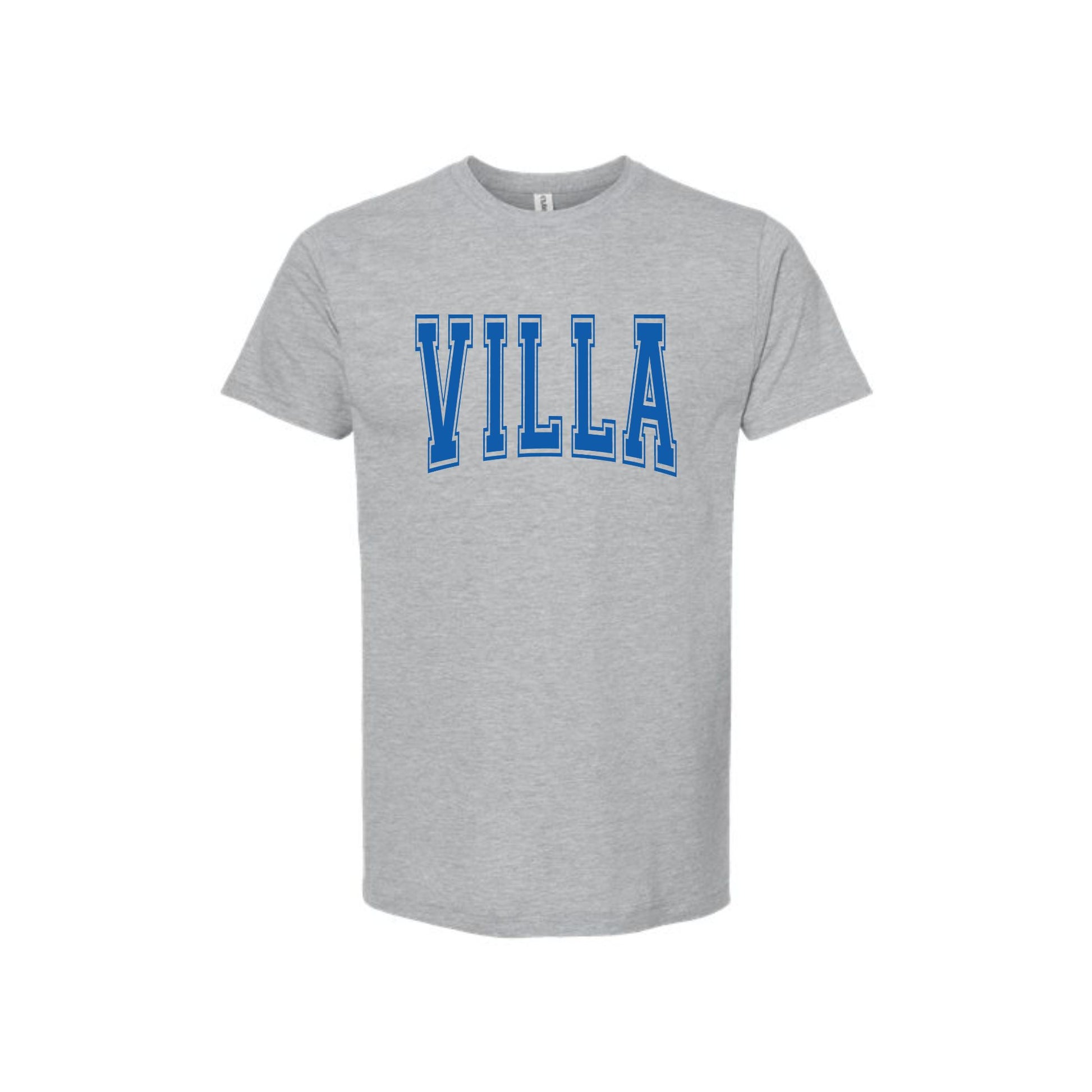 Gray t-shirt with 'VILLA' printed in blue on a white background