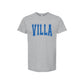 Gray t-shirt with 'VILLA' printed in blue on a white background