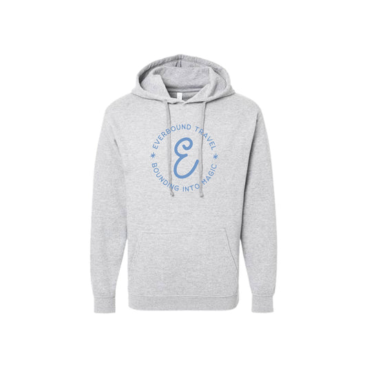heather hoodie with blue logo on a white background