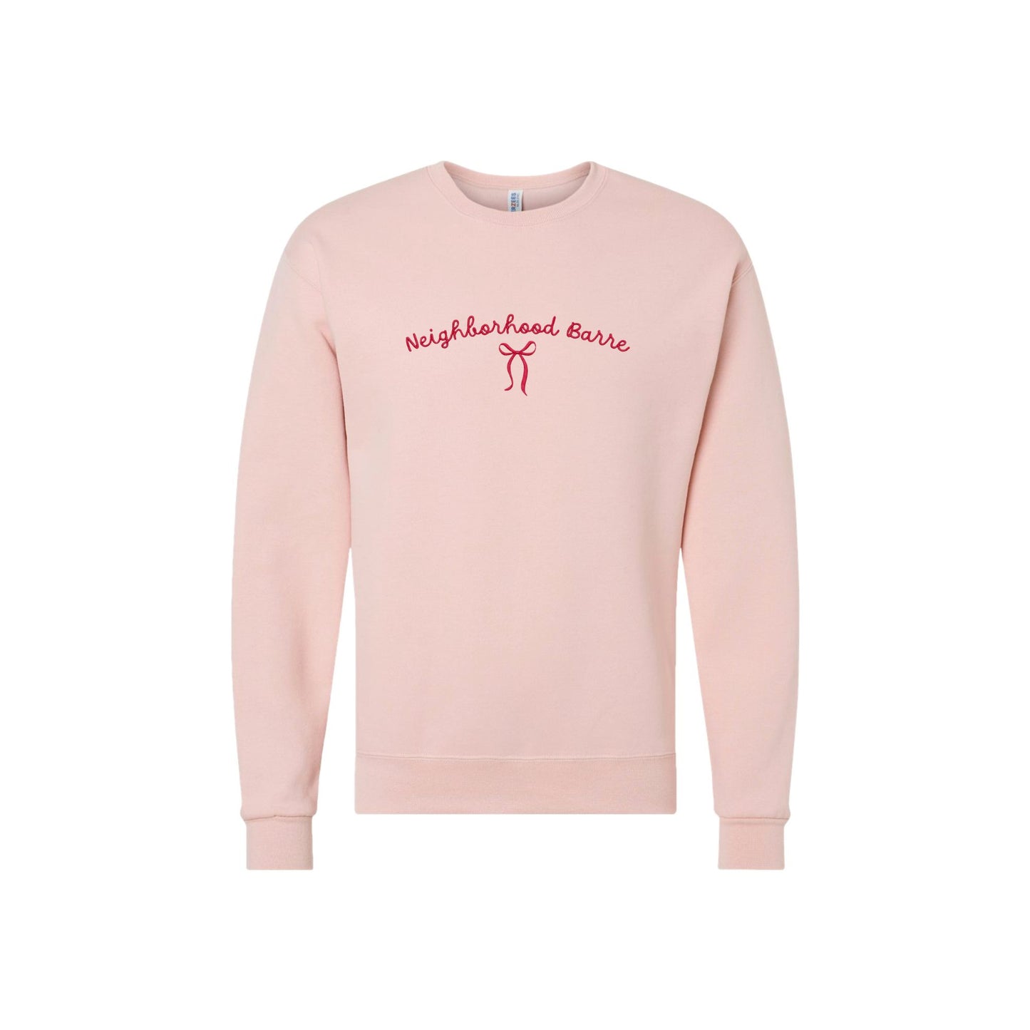 Pink sweatshirt with 'Neighborhood Barre' text on a white background