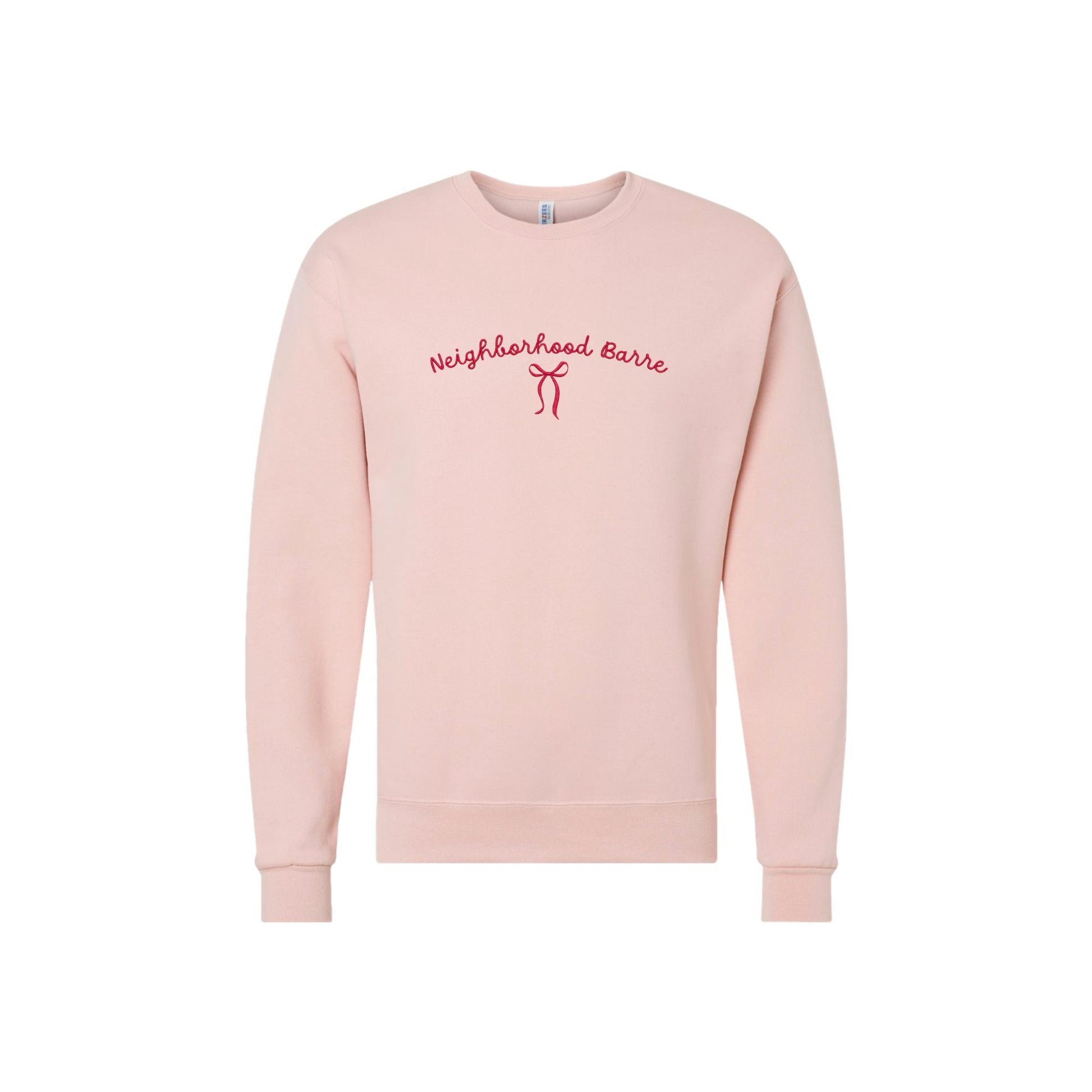 Pink sweatshirt with 'Neighborhood Barre' text on a white background