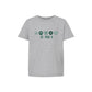 A heather gray short-sleeve t-shirt with a dark green graphic on the chest featuring paw prints, a bow, a flower, a heart, and the text 'ST. PIUS X'.