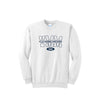 A white crewneck sweatshirt featuring a navy blue graphic print on the front that reads 'VILLA MADONNA MONTESSORI' and 'MOM' inside a small oval.