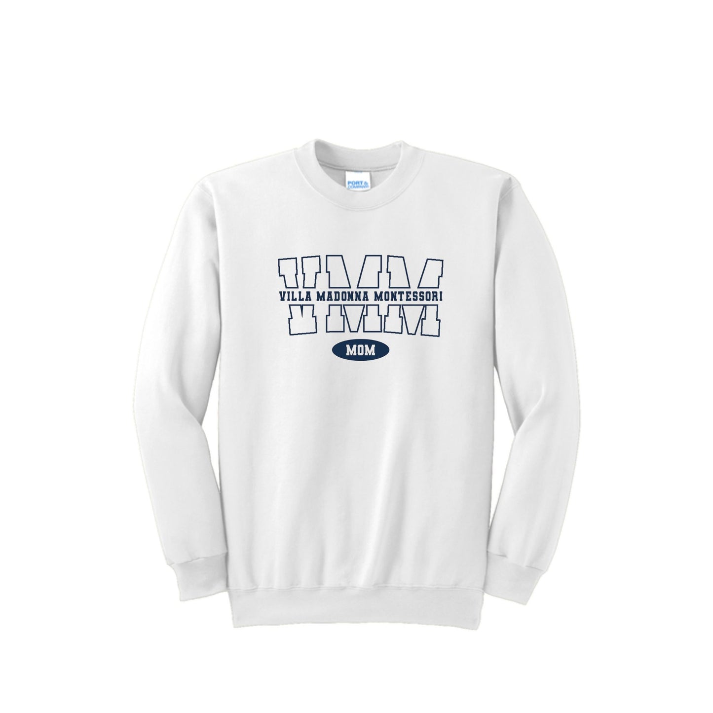 A white crewneck sweatshirt featuring a navy blue graphic print on the front that reads 'VILLA MADONNA MONTESSORI' and 'MOM' inside a small oval.