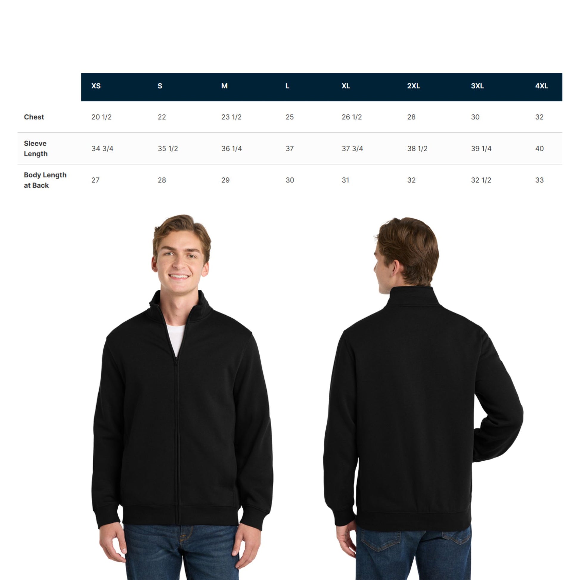 MENS FULL ZIP SIZE CHART